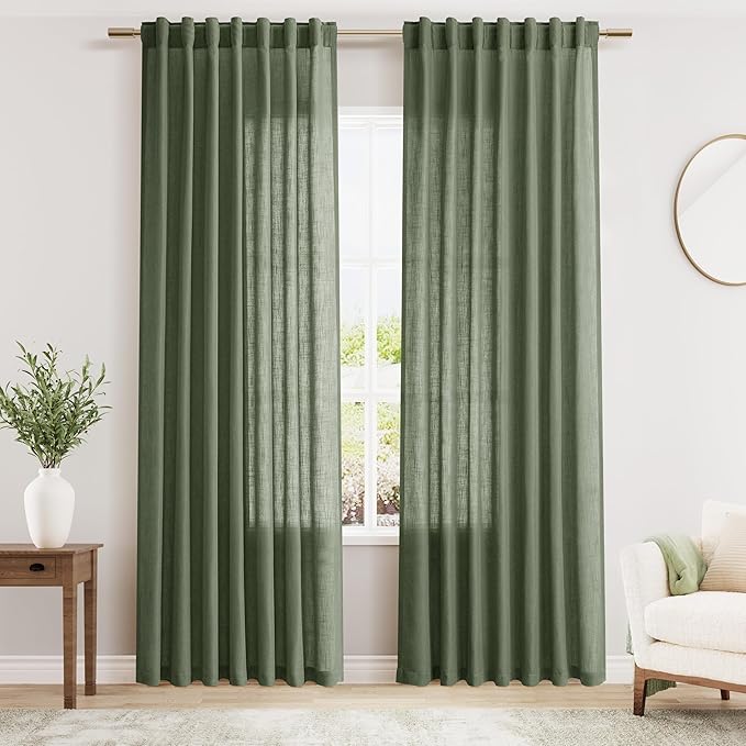 Christmas Olive Green Linen Curtains 84 Inches Long for Bedroom Back Tab Light Filtering Privacy Semi Sheer Curtains Modern Farmhouse Decor Olive Green Curtain for Living Room 2 Panels 52x84