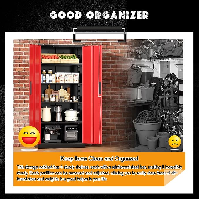 Greenvelly Metal Garage Storage Cabinet with Lock, 72" Metal Storage Cabinet with 2Doors and 4Adjustable Shelves, for Home Office, School,Gym (Black&Red)