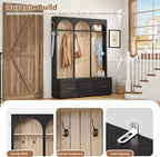 Merax Farmhouse Wood Hall Tree with 8 Hooks and Shoe Bench, Mudroom Versatile Coat Racks with 3 Drawers, Entrance Organizer for Hallway Black
