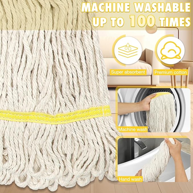 Commercial Mop Industrial Cotton Mop with Extra Replacement Head,Looped-End Heavy Duty String Wet Mops with Long Handle for Home,Garage,Office, Workshop, Warehouse Floor Cleaning