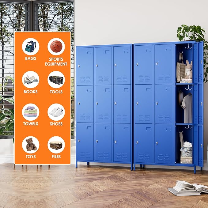 Aobabo New 9 Doors Metal Storage Locker for Employees, Lockable Steel Locker with Name Card Slot and 27 Hooks for School Office Gym Garage, Blue, Assembly Required