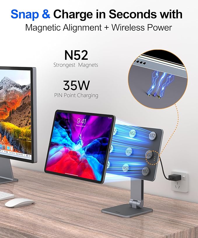 Magnetic iPad Stand with Wireless Charging, 35W Contact Fast Charger, Suction Cup Base, 360° Rotating Panel & Foldable, Compatible with iPad Pro 13" M5 & M4 ONLY, Work & Study Desk - Gray