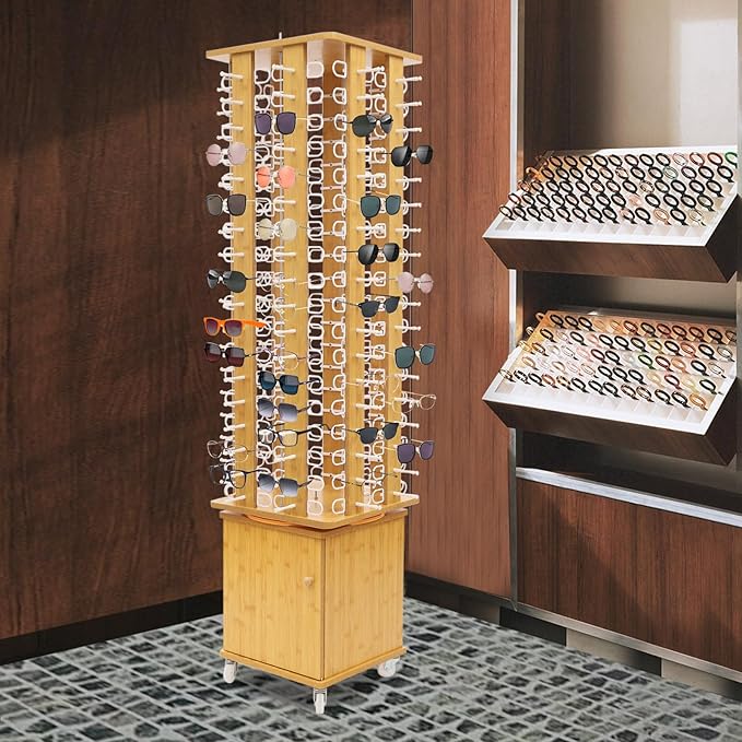 Sunglasses Display Stand, 144 Pairs Wooden 360° Rotating Sunglass Eyeglass Holder Organizer, Glasses Hanger Storage Rack for Retail Commercial Display, W14.6*H66.1in (Yellow)