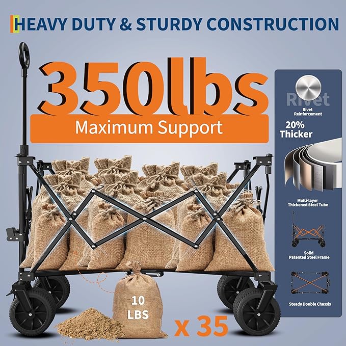 35" Foldable Wagon for Beach with 350lbs Weight Capacity, Heavy Duty 280L Extra Large Collapsible Foldable Wagon for Camping, All Terrain Beach Wagons Extended with Cup Holders for Sand