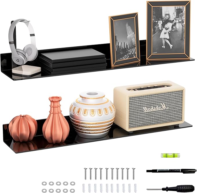 30 Inches Acrylic Long Wall Shelf Set of 2, Black Wall Mounted Acrylic Bathroom Storage Shelves Display Organizer, 2 Pack(30 Inch)