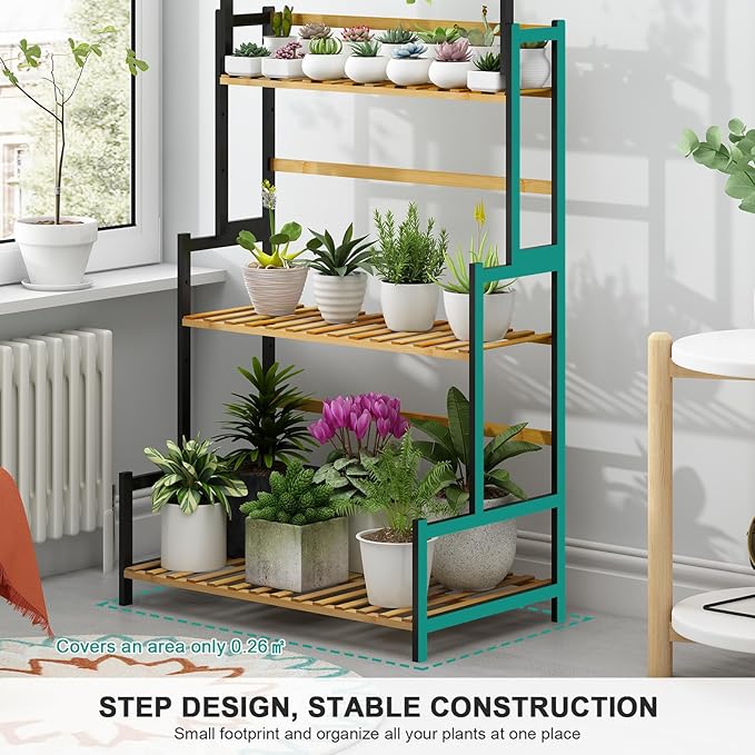 Ufine Bamboo Hanging Plant Stand 3 Tier Ladder Shelf with Hanging Rod Height Adjustable Flower Pot Display Organizer for Balcony Porch Living Room