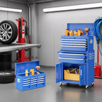 Bonusall 8 Drawer Rolling Tool Chest and Cabinet Combo,Heavy-Duty Metal Garage Tool Chest with Wheels and 2 Doors,2-in-1 Top Box and Roller Cabinet Combo for Garage, Workshop, Warehouse-Blue