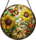 Stained Glass Window Hanging, Sunflower Sun Catcher Glass Panel with Metal Chain, 7.88’’ Indoor/Outdoor Art Decor for Home Garden, Women, Birthday, Christmas, Mother's Day