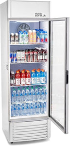 PremiumLevella PRF155DX Glass Door Display Refrigerator 15.5 cu ft Commercial Beverage Cooler Merchandiser With Customizable Lightbox - Silver