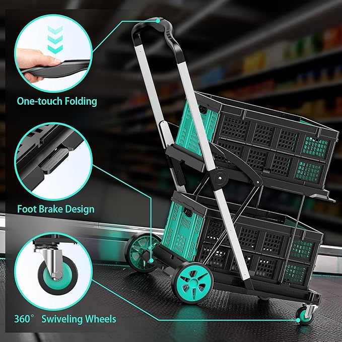 Collapsible Shopping Cart with Wheels, 8-in-1 200LBS Capacity Grocery Cart on Wheels with 2 Storage Crate, Folding Utility Cart for Shopping, Travel, Supermarket, Office, Teal