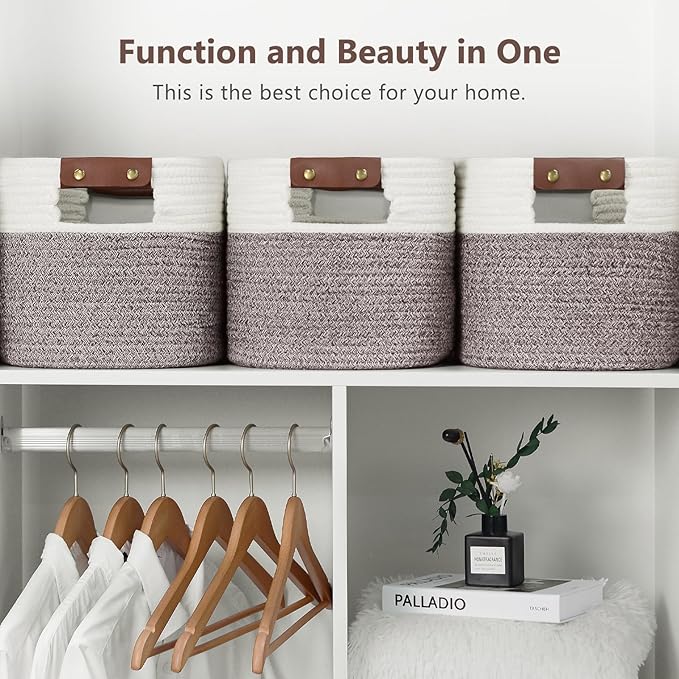Cotton Rope Basket, Storage Baskets with Handle, 15x10x9 Inch Woven Basket for Shelves, Laundry, Towels, Clothes, Books (White Brown 2 Pack)