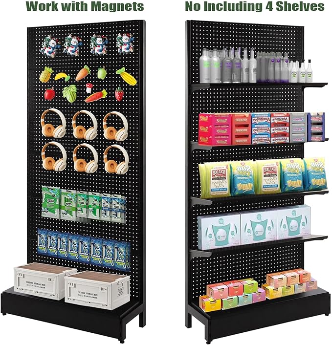 Pegboard Display Stand, Gondola Retail Shelving Wall Display for Convenient Grocery Office Supply or Liquor Stores, Single Side Peg Board Panels, Extra 20 Hooks, No Including 4 Shelves