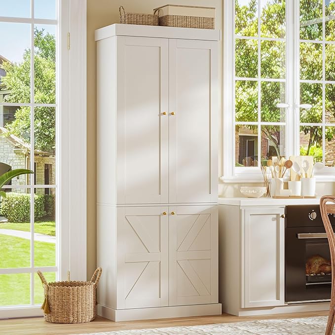 70.8" Tall Farmhouse Kitchen Pantry Cabinet with Doors, Modular Storage Cabinet with 4-Tier Adjustable Shelves, White, Wooden Hutch for Living Room, Kitchen