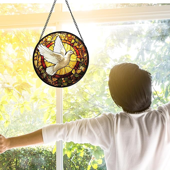 Stained Glass Window Hanging, Flying White Dove Sun Catchers Diamond Glass Panel Hangings Cute Birds Suncatcher Decor for Birthday for Women, Men, Wife, Aunt, and Mom 6.3 in