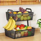 SAYZH Fruit Basket Bowls For Kitchen Counter with Banana Hangers - Detachable Metal Mesh Basket Fruit Stand with Handle - Kitchen Vegetables Bread Snacks Storage Organization, 2 Tier Black