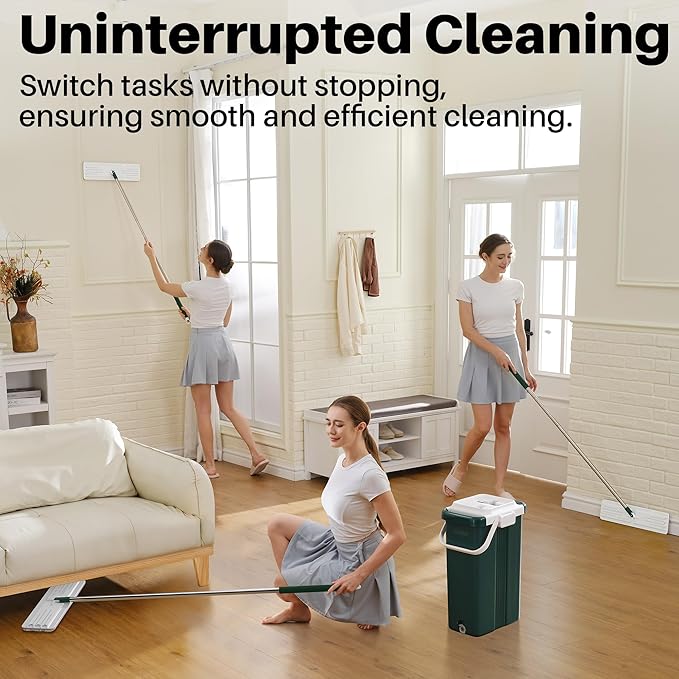 JOYMOOP Commercial Mop and Bucket Set, 17.7-inch Dust Mops for Floor Cleaning, Flat Mop Bucket with Wringer, Include 5 Reusable Microfiber Mop Pads - Forest Green