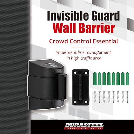 DuraSteel Wall Mount Retractable Belt Barrier - 6.5 Ft Black Safety Belt in Sturdy Black Casing - Guardian 2.0 Indoor & Outdoor Do Not Cross Caution Tape for Crowd Control Queue Barrier, Line Divider
