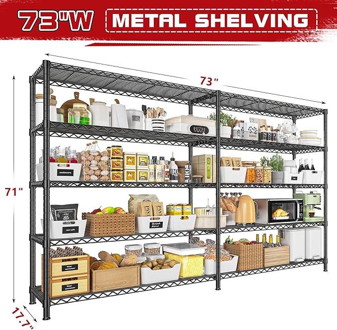 REIBII 73''W Shelf 1650 LBS Storage Shelves 5-Tier Metal Shelving Wire Shelving Unit, Adjustable Heavy Duty Metal Shelves Wire Shelf for Pantry Kitchen Industrial Garage, 17.7" D x 73" W x 71" H