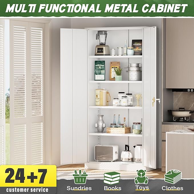 Greenvelly Metal Garage Storage Cabinet with 2 Doors and 4 Adjustable Shelves, 72”H White Steel Lockable Storage Cabinet,Tall Metal Cabinet Locking File Cabinet for Office,Home, Garage, Gym, School