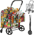 Siffler 33.6Gal Grocery Cart on Wheels, Foldable Utility Heavy Duty Shopping Carts with Double Basket Large Capacity and 360° Rolling Swivel Wheels for Groceries Laundry Transport (Black, Large)