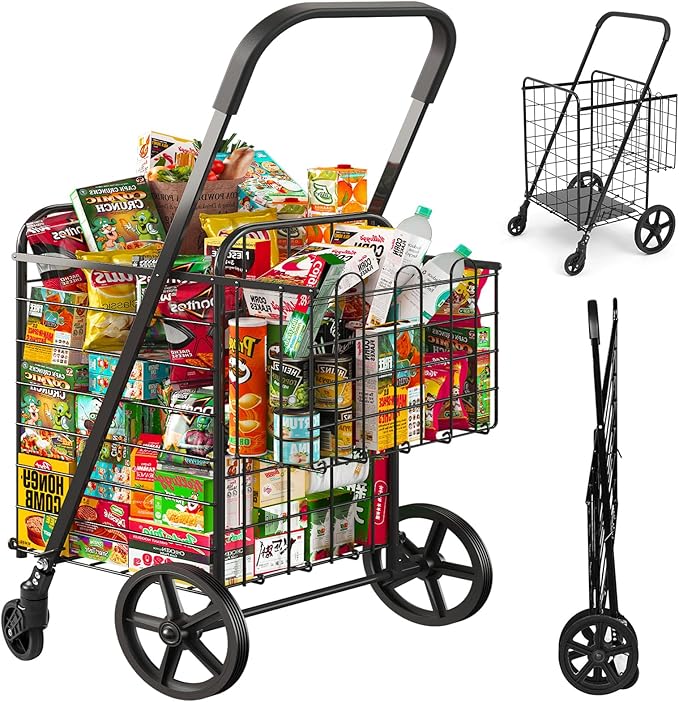 Siffler 33.6Gal Grocery Cart on Wheels, Foldable Utility Heavy Duty Shopping Carts with Double Basket Large Capacity and 360° Rolling Swivel Wheels for Groceries Laundry Transport (Black, Large)