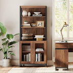 WAMPAT Modern 72" Tall Bookcase with Glass Doors and Adjustable Shelves, Library Book Shelf with Storage Cabinet and Open Book Shelfs, Wood Bookshelf for Home Office, Living Room, Brown