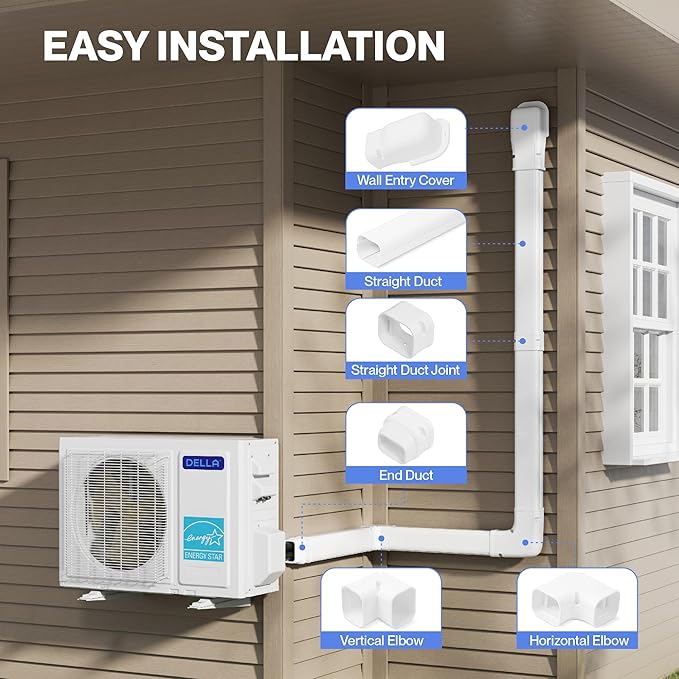 Della 4" 7.5 Ft Mini Split Line Set Cover, Decorative PVC Lineset Cover Kit, Paintable for Air Conditioner, Central AC, HAVC & Heat Pumps Systems Tubing Cover, White