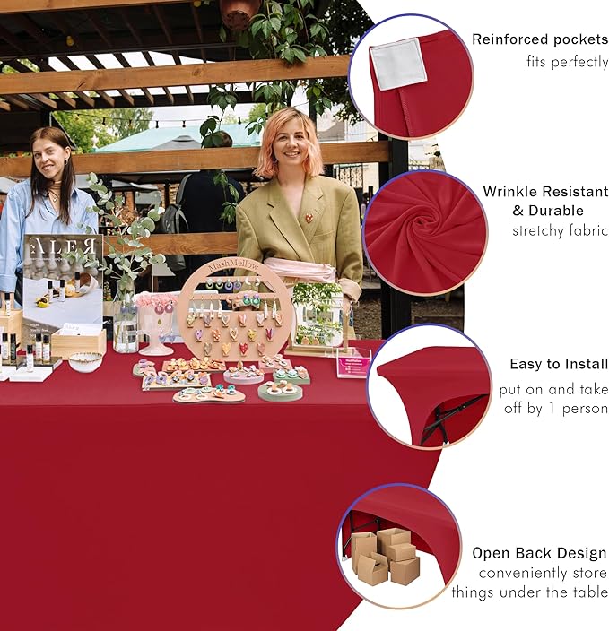 Nasitos 2 Pack Tablecloth Fitted Spandex 4 ft Table Cloth-Open Back Red Table Covers Fabric Washable and Wrinkle-Free Fabric Tablecloths for Party, Wedding, Birthday, Buffet, Events