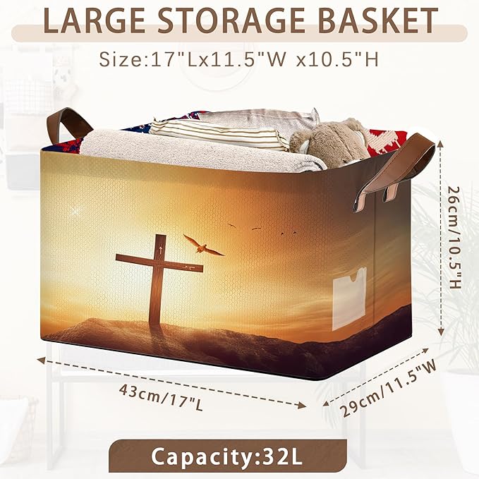 Cross Pattern Collapsible Storage Box - 17x11.5x10.5 Inch Foldable Organizer for Seasonal Decor, Religious Decorations, Under Bed Home Decor, Closet, Church Storage - Single Pack No Lid