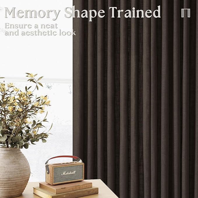 Dark Chocolate 80 Inch Pinch Pleated Linen Curtains 2 Panels for Living Room Bedroom Memory Training Shaped Semi Sheer Pleat Drapes with Hooks Rings Light Filtering Window Curtain 40x80