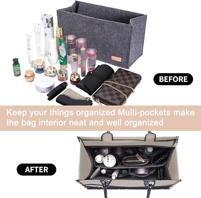 Doxo Purse Organizer Insert, Felt Tote Organizer Insert with Zipper, Bag Liner Perfect for L Onthego MM 35 & D Book Tote Medium (Grey-With Cover)