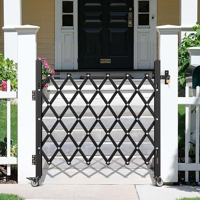 VEVOR Single Folding Security Gate, Lockable Scissor Gate with 360° Swivel Casters, Outdoor Barricade Steel Retractable Gates, for Entry Security, Garage, Warehouse & Pool, 43.31 x 51.57 in (W x H)
