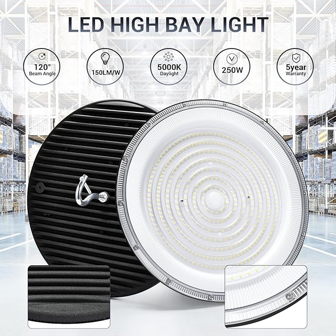 6 Pack 250W UFO Led High Bay Light,120VAC,5000K Daylight Commercial Bay Lighting,IP66 Waterproof,41050LM,1150W MH/HPS with Plug Area Lighting for Warehouse/Shop/Workshop/Barn/Gym/Factory