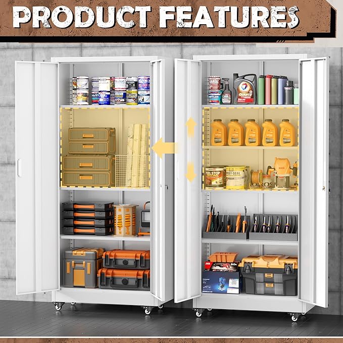 INTERGREAT Metal Storage Cabinet with Wheels, 73" Garage Storage Cabinet with Door and 4 Shelves, Tool Cabinet on Caster for Home, Office, White