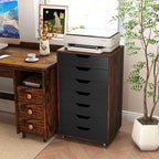 7 Drawer File Cabinet, Mobile Filing Cabinet w/Universal Wheels, Wood Printer Stand with Storage, Rolling File Cabinets for Home Office, Living Room, Bedroom (Rustic Brown, 7 Drawers)