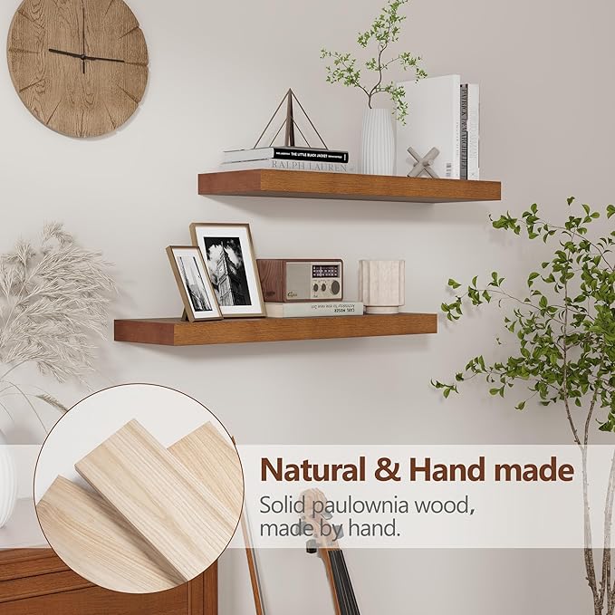fuqing 24 Inch Floating Shelves Set of 2, Rustic Solid Wood Wall Mounted Shelves for Decor & Storage, Dark Walnut Shelves for Bedroom Kitchen Living Room - Dark Walnut