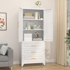 75" Kitchen Pantry Cabinet with 3 Drawer,Metal Storage Cabinets with Doors and 4 Adjustable Shelves,White Kitchen Cabinet with 2 Gold Handles,Food Cupboard for Livingroom,Pantry, Bathroom