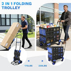2 in 1 Folding Hand Truck with 2 Folding Basket,330lbs Capacity Heavy Duty Hand Truck,with Telescoping Handle and Rubber Wheels,Portable Dolly Cart with Bungee Cords for Moving,Travel,Shopping