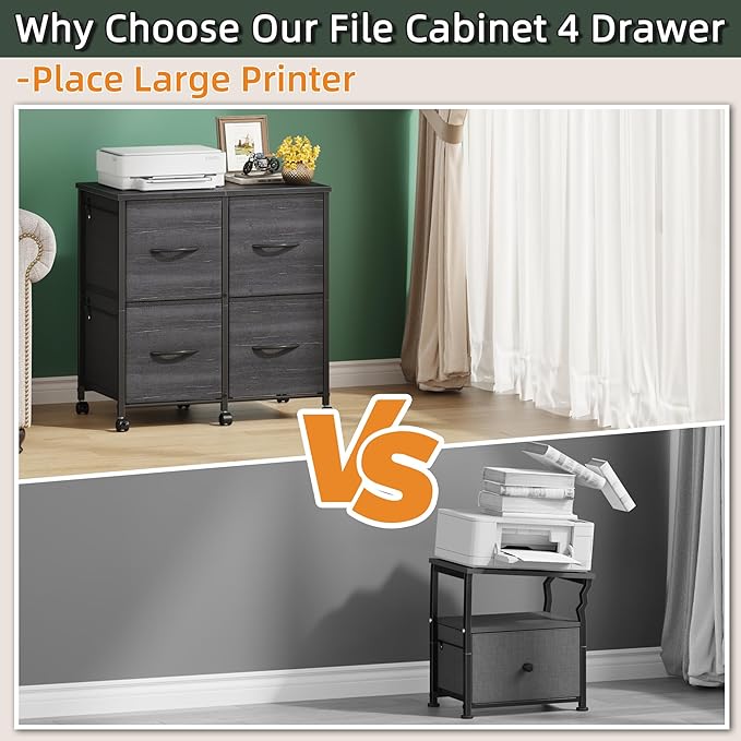 4 Drawer Lateral File Cabinet, Mobile Filing Cabinet for Large Printer, Home Office Functional Small Office Storage Cabinet & Printer Stand, Fits Letter/A4, Charcoal Black Grain Print