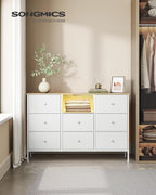 SONGMICS Dresser for Bedroom, Fabric Dresser with Power Outlets and LED Lights, TV Stand for up to 60 Inch TVs, 25 Colors, 11.8 x 47.2 x 31.3 Inches, Cloud White and Oak Beige ULTS518W01