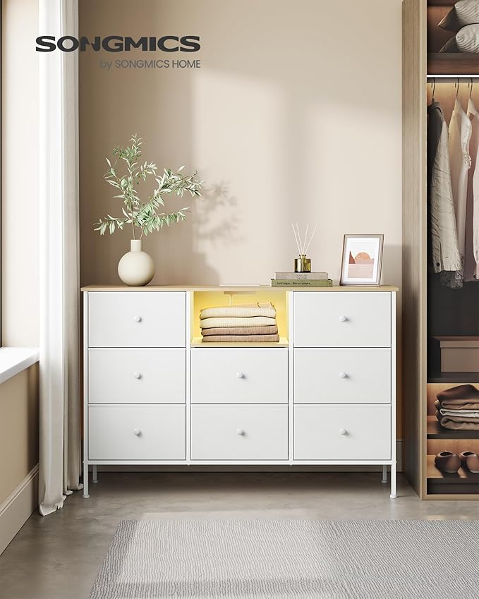 SONGMICS Dresser for Bedroom, Fabric Dresser with Power Outlets and LED Lights, TV Stand for up to 60 Inch TVs, 25 Colors, 11.8 x 47.2 x 31.3 Inches, Cloud White and Oak Beige ULTS518W01
