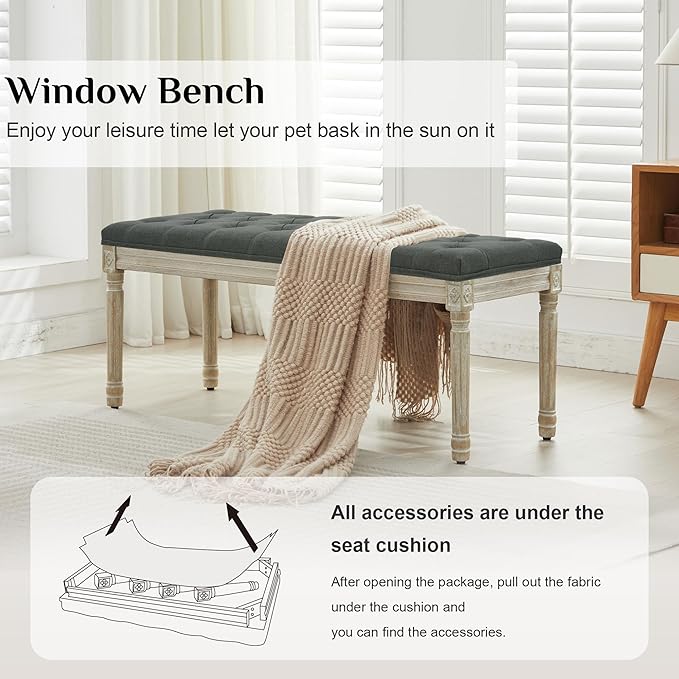 LOULENS 43.9" Linen Fabric End of Bed Bench, Vintage French Upholstered Button Tufted Entry Bench, Window Seat with Carved Wood Legs for Bedroom, Living Room, Entryway, Foyer, Hallway, Dark Grey