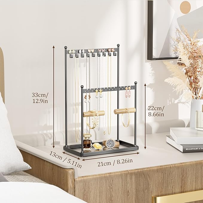Jewelry Tower Necklace Holder Organizer – 3-Tier Jewelry Display Rack with Storage Tray – Holds 22 Pairs of Earrings, Bracelets, Rings, Necklaces – Gift for Girls & Women, Black