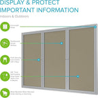 Ghent 36" x 72" 3-Door Outdoor Enclosed Bulletin Board with Lock, Vinyl Material, Shatter Resistant Acrylic Panels, Made in the USA, Satin Aluminum Frame - Caramel