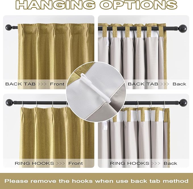 DUALIFE Mustard Yellow Pinch Pleated Blackout Curtains 108 Inches Long, Back Tab with Hooks, Linen Full Black Out Thermal Insulated Track Curtain for Bedroom Living Room,40 W x 108 L, 2 Panels