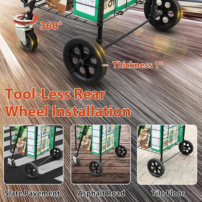 Siffler Grocery Shopping Cart with 360° Swivel Wheels Folding Utility Cart with Easily Collapsible Cart with Extended Foam Cover, Trolley for Laundry, Groceries, Travel (Black, Small)