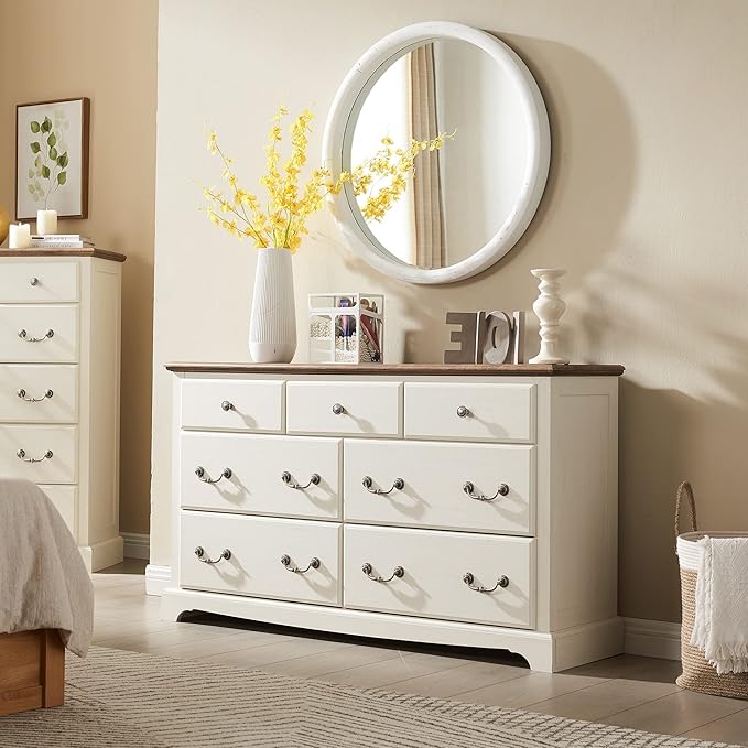 T4TREAM 7 Drawers Dresser Chests for Bedroom, Wood Vintage Chests of Drawers, Rustic Dressers Chset Organizer for Bedroom, Living Room, Hallway, Antique White