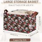Skull Flower Pattern Collapsible Storage Bin-17x11.5x10.5 Inch Foldable Organizer for Halloween Decor, Gothic Room, Under Bed Storage-Single Pack