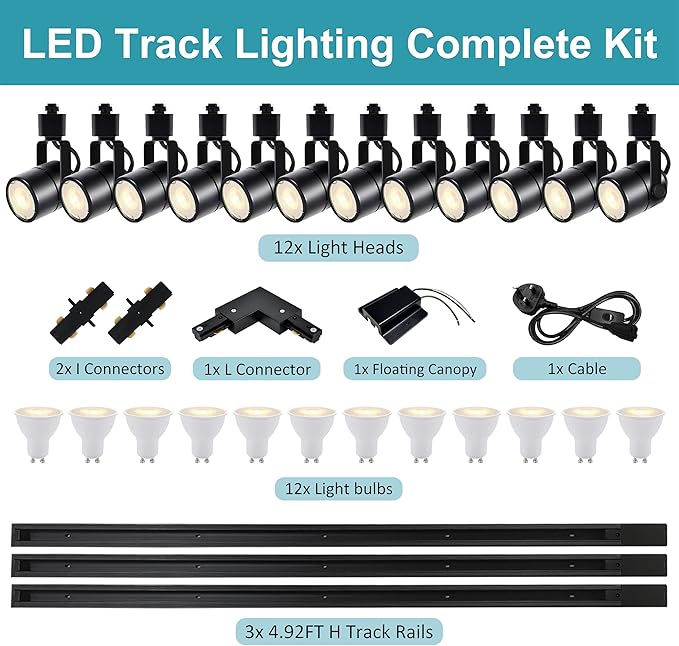 LED Track Lighting Heads Kit 3000K Warm White, 12-Light Dimmable GU10 Track Lights Heads, Ceiling Spotlight Fixture with 14.76FT H Type Track Light Rails, Replaceable GU10 LED Bulbs for Home