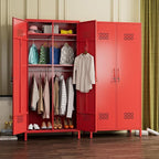 Aobabo Metal Wardrobe Cabinets with Lock, 2 Door Metal Closet wtih 4 Adjustable Shelves and 2 Hannging Rod, Lockable Locker Cabinet, Storage Locker for Home, Office,Red, Assembly Required